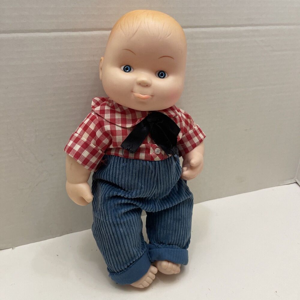 Vintage Uneeda Doll Chubby Boy With Outfit Blue Eyes 15 Inch Tall Plaid Denim